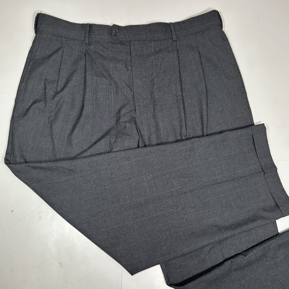 Stafford Essentials Men Gray Classic Fit Pleated Dress Pants Glen Check Sz 40x30